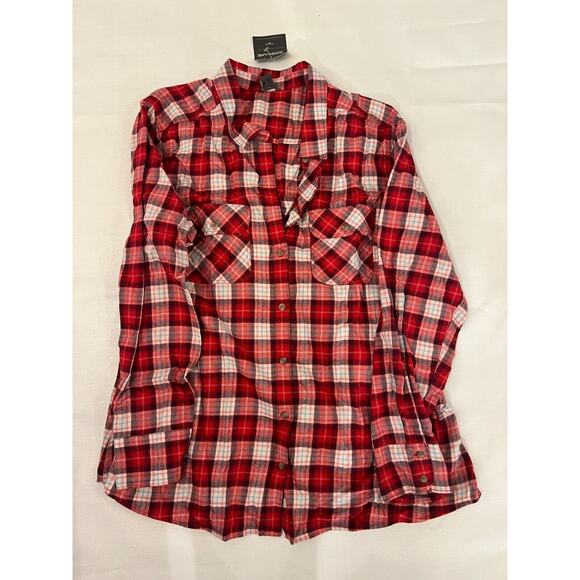 Eddie Bauer Shirt Womens 2XL Red Plaid Flannel Button Down Hike Camp Outdoor NWT - Picture 1 of 8